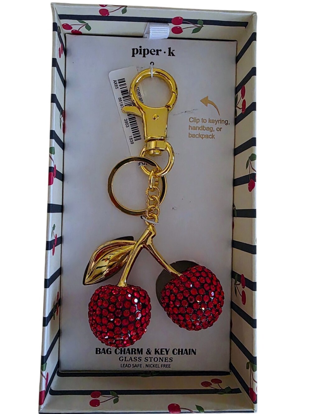 NWT Piper K Crystal Red Cherries Bag Charm Cherry Purse Keychain NEW Gold w/ Box